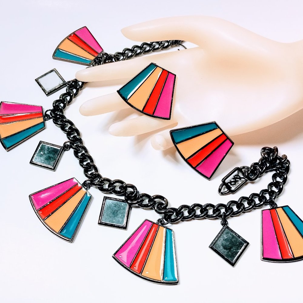 Vintage Rainbow Enamel YSL Necklace Earrings Set
